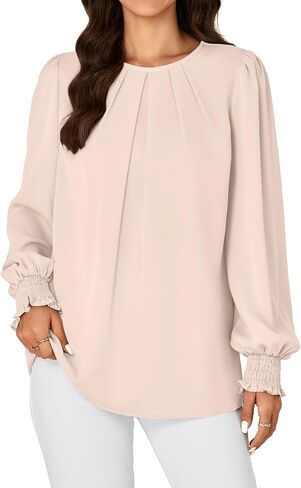 Vrtige Women's Dressy Casual Pleated Crew Neck Long Sleeve Shirt Office Work Chiffon Blouse Tops in Saudi Arabia