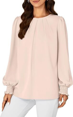 Vrtige Women's Dressy Casual Pleated Crew Neck Long Sleeve Shirt Office Work Chiffon Blouse Tops in Saudi Arabia