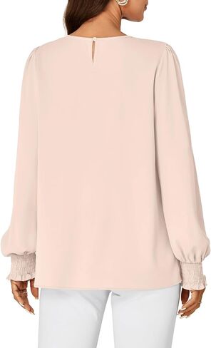 Vrtige Women's Dressy Casual Pleated Crew Neck Long Sleeve Shirt Office Work Chiffon Blouse Tops in Saudi Arabia