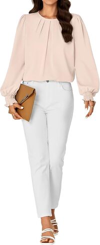 Vrtige Women's Dressy Casual Pleated Crew Neck Long Sleeve Shirt Office Work Chiffon Blouse Tops in Saudi Arabia