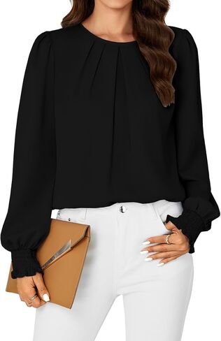 Vrtige Women's Dressy Casual Pleated Crew Neck Long Sleeve Shirt Office Work Chiffon Blouse Tops in Saudi Arabia
