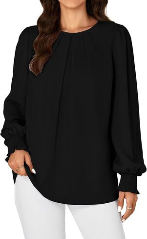 Vrtige Women's Dressy Casual Pleated Crew Neck Long Sleeve Shirt Office Work Chiffon Blouse Tops in Saudi Arabia