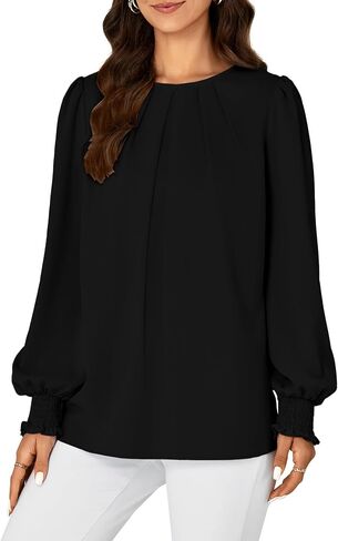 Vrtige Women's Dressy Casual Pleated Crew Neck Long Sleeve Shirt Office Work Chiffon Blouse Tops in Saudi Arabia