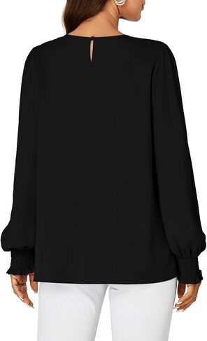 Vrtige Women's Dressy Casual Pleated Crew Neck Long Sleeve Shirt Office Work Chiffon Blouse Tops in Saudi Arabia