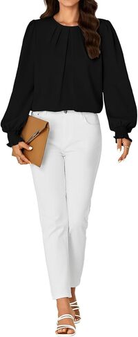 Vrtige Women's Dressy Casual Pleated Crew Neck Long Sleeve Shirt Office Work Chiffon Blouse Tops in Saudi Arabia