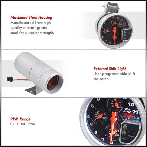 AJP Distributors Universal JDM Sport 5" Carbon Fiber Face 4-in-1 Tachometer 11K RPM Tach Gauge w/Oil/Water Temperature Pressure + External Red LED Shift Light Replacement Upgrade in Saudi Arabia