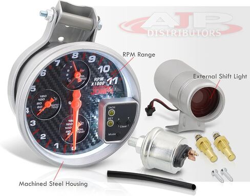 AJP Distributors Universal JDM Sport 5" Carbon Fiber Face 4-in-1 Tachometer 11K RPM Tach Gauge w/Oil/Water Temperature Pressure + External Red LED Shift Light Replacement Upgrade in Saudi Arabia