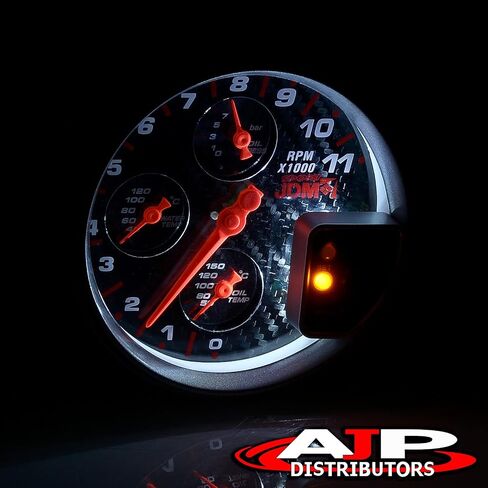 AJP Distributors Universal JDM Sport 5" Carbon Fiber Face 4-in-1 Tachometer 11K RPM Tach Gauge w/Oil/Water Temperature Pressure + External Red LED Shift Light Replacement Upgrade in Saudi Arabia
