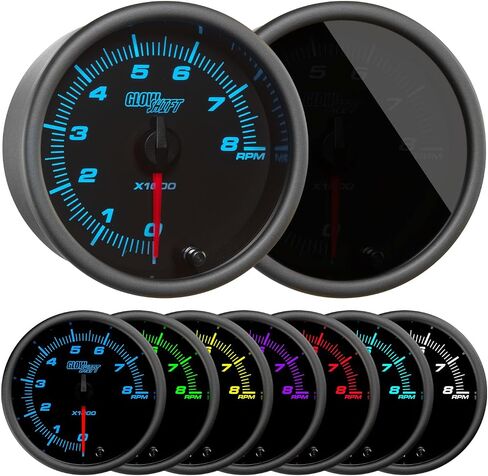 GlowShift Tinted 7 Color 8,000 RPM Tachometer Gauge - for 1-10 Cylinder Gas Powered Engines - Mounts in Custom Dashboard - Black Dial - Smoked Lens - 3-3/8" 85mm in Saudi Arabia