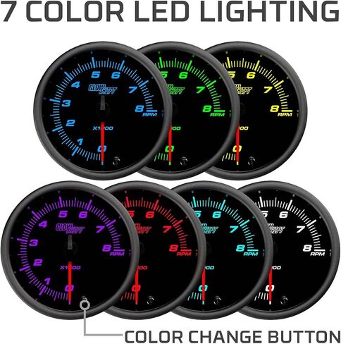 GlowShift Tinted 7 Color 8,000 RPM Tachometer Gauge - for 1-10 Cylinder Gas Powered Engines - Mounts in Custom Dashboard - Black Dial - Smoked Lens - 3-3/8" 85mm in Saudi Arabia