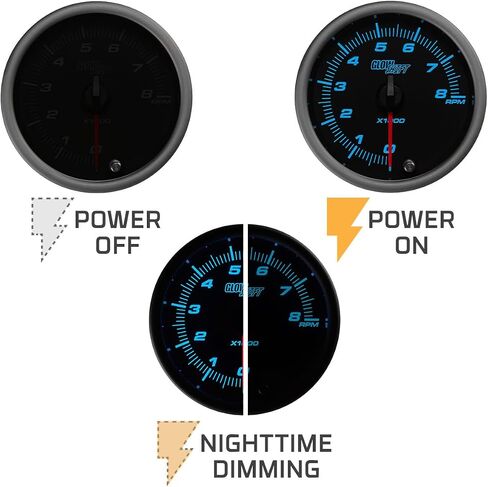 GlowShift Tinted 7 Color 8,000 RPM Tachometer Gauge - for 1-10 Cylinder Gas Powered Engines - Mounts in Custom Dashboard - Black Dial - Smoked Lens - 3-3/8" 85mm in Saudi Arabia