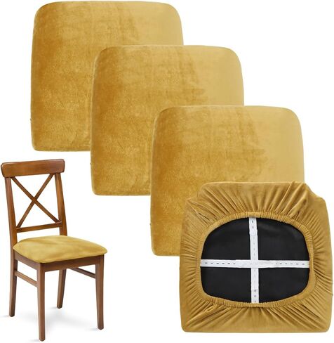 MANSPHIL Gold Chair Seat Covers Set of 4 - Thick & High Stretch Dining Room Chair Covers for Kitchen Washable Velvet Spandex Blend in Kuwait