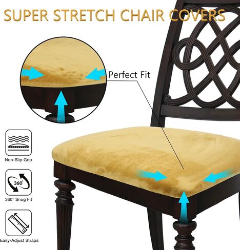 MANSPHIL Gold Chair Seat Covers Set of 4 - Thick & High Stretch Dining Room Chair Covers for Kitchen Washable Velvet Spandex Blend in Kuwait