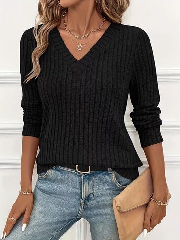 Women's Long Sleeve V Neck Tops 2025 Fall Fashion Casual Blouses Pullover Sweaters Tunics for Daily Outfits in Saudi Arabia