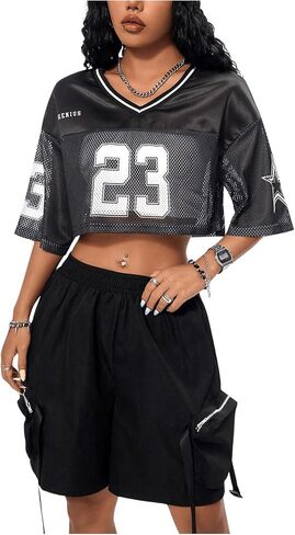 Verdusa Women's Jersey Shirts Hip Hop V Neck Short Sleeve Mesh Crop Top Graphic Tees in Saudi Arabia