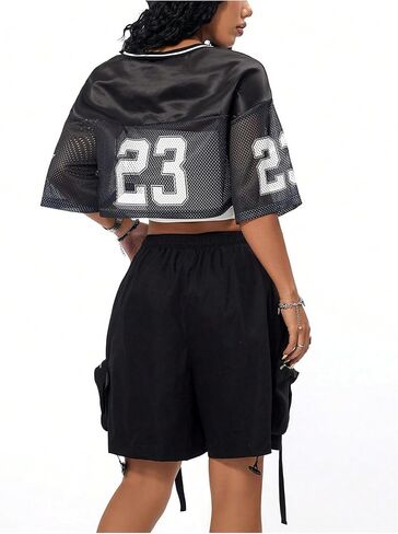 Verdusa Women's Jersey Shirts Hip Hop V Neck Short Sleeve Mesh Crop Top Graphic Tees in Saudi Arabia