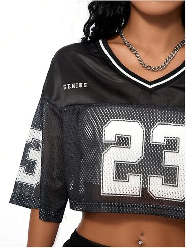 Verdusa Women's Jersey Shirts Hip Hop V Neck Short Sleeve Mesh Crop Top Graphic Tees in Saudi Arabia