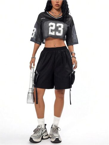 Verdusa Women's Jersey Shirts Hip Hop V Neck Short Sleeve Mesh Crop Top Graphic Tees in Saudi Arabia