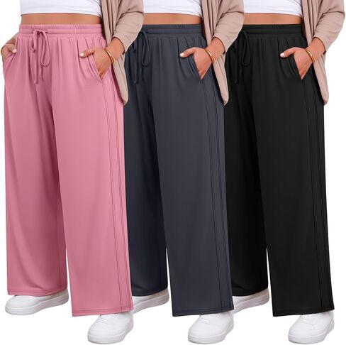 3 Pack Women's Plus Size Pants, Drawstring Wide Leg High Waist Sweatpants Loose Casual Lounge Pants with Pockets in Saudi Arabia