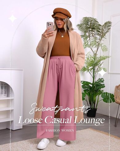 3 Pack Women's Plus Size Pants, Drawstring Wide Leg High Waist Sweatpants Loose Casual Lounge Pants with Pockets in Saudi Arabia