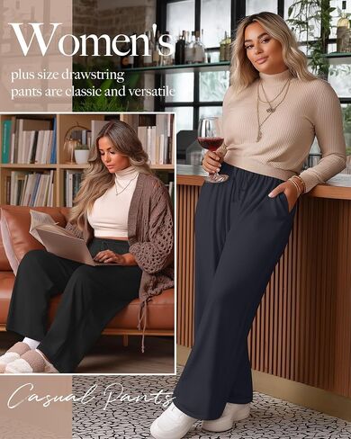 3 Pack Women's Plus Size Pants, Drawstring Wide Leg High Waist Sweatpants Loose Casual Lounge Pants with Pockets in Saudi Arabia