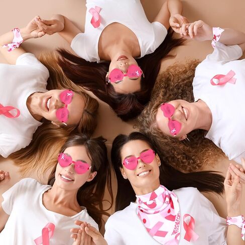 12 Set Breast Cancer Awareness Bandana and Heart Glasses Pink Ribbon Sunglasses Bandanas Bulk for Women Breast Cancer Charity Event Survivor Campaign Party Supplies in Kuwait
