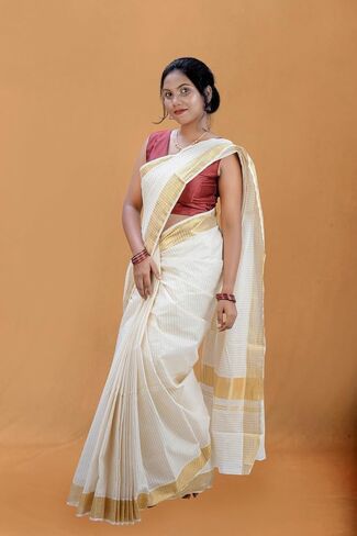 Kerala Set Saree for Women – Pure Cotton Saree In 3" Golden Kasavu Border With Running Blouse Piece in Saudi Arabia