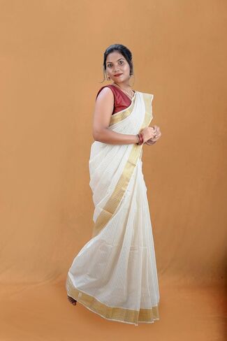 Kerala Set Saree for Women – Pure Cotton Saree In 3" Golden Kasavu Border With Running Blouse Piece in Saudi Arabia
