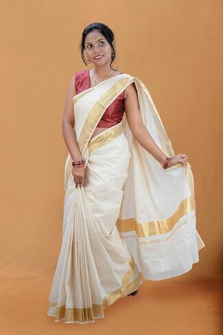 Kerala Set Saree for Women – Pure Cotton Saree In 3" Golden Kasavu Border With Running Blouse Piece in Saudi Arabia