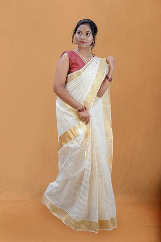 Kerala Set Saree for Women – Pure Cotton Saree In 3" Golden Kasavu Border With Running Blouse Piece in Saudi Arabia