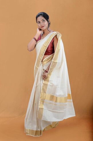 Kerala Set Saree for Women – Pure Cotton Saree In 3" Golden Kasavu Border With Running Blouse Piece in Saudi Arabia