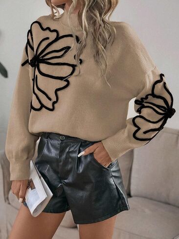 MakeMeChic Women's Mock Neck Fall Sweater Floral Long Sleeve Drop Shoulder Pullover Tops in Kuwait