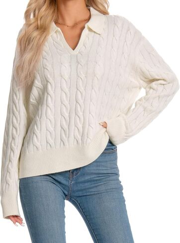 Womens Oversized Cable Knit Sweater Fall Fashion 2025 Lapel V Neck Chunky Pullover Tops Causal Winter Outfits in Kuwait