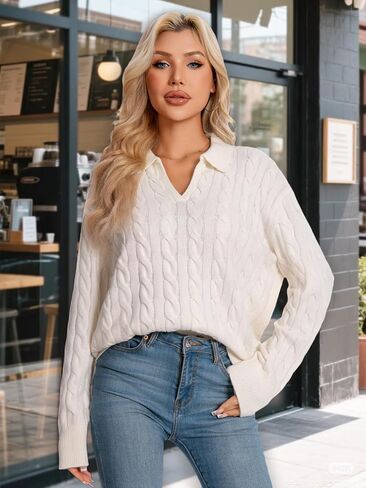 Womens Oversized Cable Knit Sweater Fall Fashion 2025 Lapel V Neck Chunky Pullover Tops Causal Winter Outfits in Kuwait