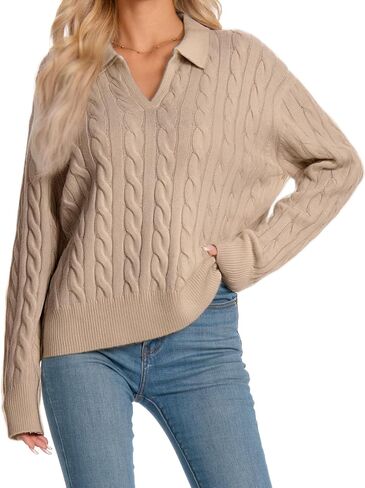 Womens Oversized Cable Knit Sweater Fall Fashion 2025 Lapel V Neck Chunky Pullover Tops Causal Winter Outfits in Kuwait