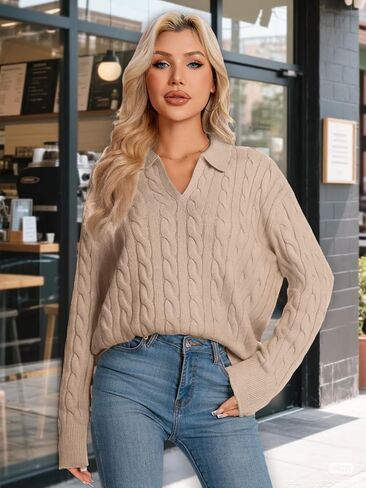 Womens Oversized Cable Knit Sweater Fall Fashion 2025 Lapel V Neck Chunky Pullover Tops Causal Winter Outfits in Kuwait