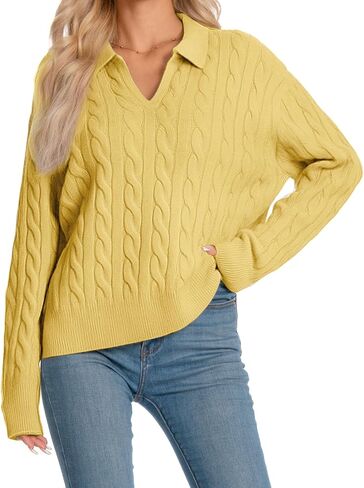 Womens Oversized Cable Knit Sweater Fall Fashion 2025 Lapel V Neck Chunky Pullover Tops Causal Winter Outfits in Kuwait