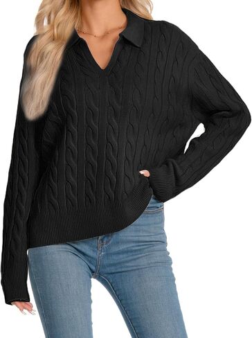 Womens Oversized Cable Knit Sweater Fall Fashion 2025 Lapel V Neck Chunky Pullover Tops Causal Winter Outfits in Kuwait