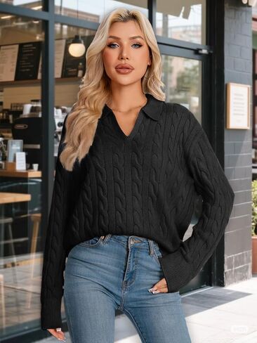 Womens Oversized Cable Knit Sweater Fall Fashion 2025 Lapel V Neck Chunky Pullover Tops Causal Winter Outfits in Kuwait