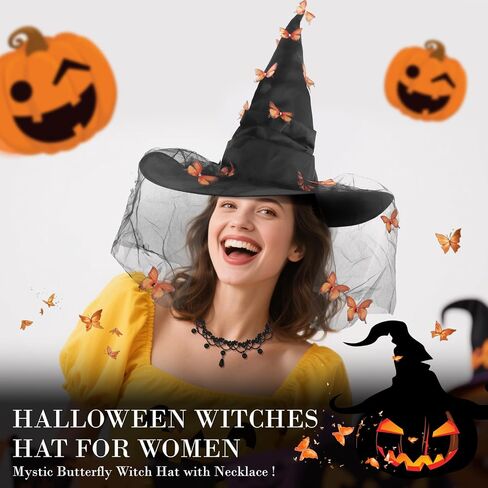 Erythem Witch Hat for Women, Witches Hat with Butterfly Witch Costume Accessories for Adult Halloween Party in Kuwait