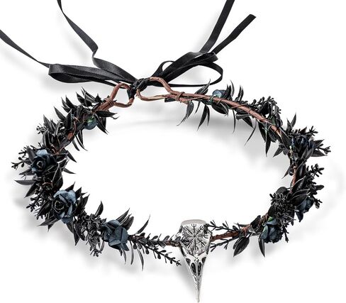 Black Raven Feather Crown Gothic Elf Circlet with Raven Skull Moon Tiara for Halloween Cosplay Renaissance(Crow Style,8.2 x 6.3 Inch) in Saudi Arabia