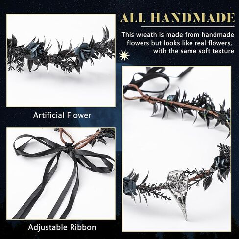 Black Raven Feather Crown Gothic Elf Circlet with Raven Skull Moon Tiara for Halloween Cosplay Renaissance(Crow Style,8.2 x 6.3 Inch) in Saudi Arabia