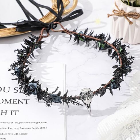 Black Raven Feather Crown Gothic Elf Circlet with Raven Skull Moon Tiara for Halloween Cosplay Renaissance(Crow Style,8.2 x 6.3 Inch) in Saudi Arabia