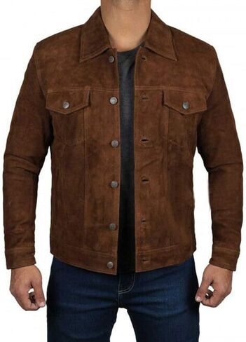 Men's Logan Cowboy Style Brown trucker Suede Leather Jacket With Free of Cost T-Shirt in Saudi Arabia