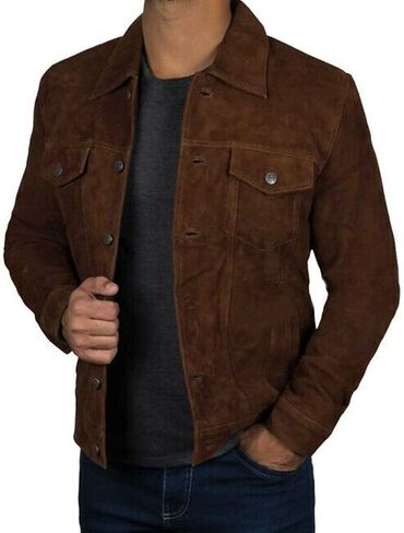 Men's Logan Cowboy Style Brown trucker Suede Leather Jacket With Free of Cost T-Shirt in Saudi Arabia