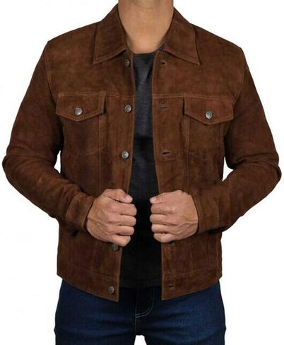 Men's Logan Cowboy Style Brown trucker Suede Leather Jacket With Free of Cost T-Shirt in Saudi Arabia