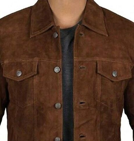Men's Logan Cowboy Style Brown trucker Suede Leather Jacket With Free of Cost T-Shirt in Saudi Arabia