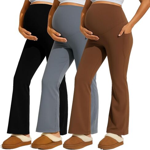 Coume 3 حزمة السراويل الأمومة للنساء بسط الحمل مضيئة طماق مع جيوب على البطن العمل Bootcut اليوغا السراويل in Saudi Arabia