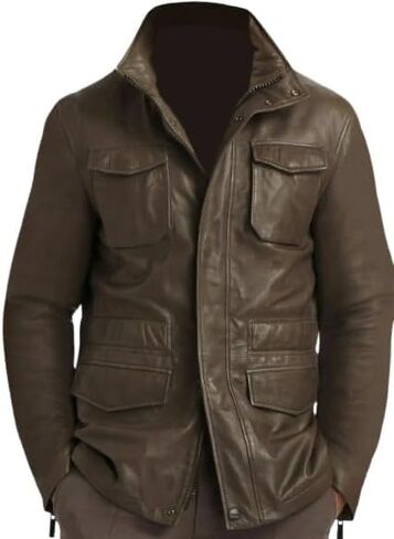Men's Leather Coat Biker Motorcycle Real Lambskin Field Brown Coat With Pockets in Saudi Arabia