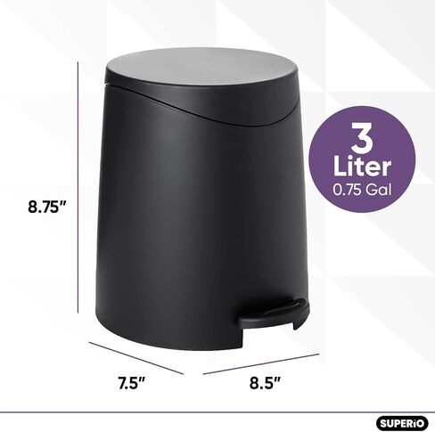 Superio Mini Bathroom Trash Can with Lid 3 Liter, Plastic Waste Bin 0.75 Gallon, Modern Flat Lid Step On Trash Can with Foot Pedal, for Bathroom, Bedroom, Office, Under Desk, Soft Close (2, Grey) in Kuwait
